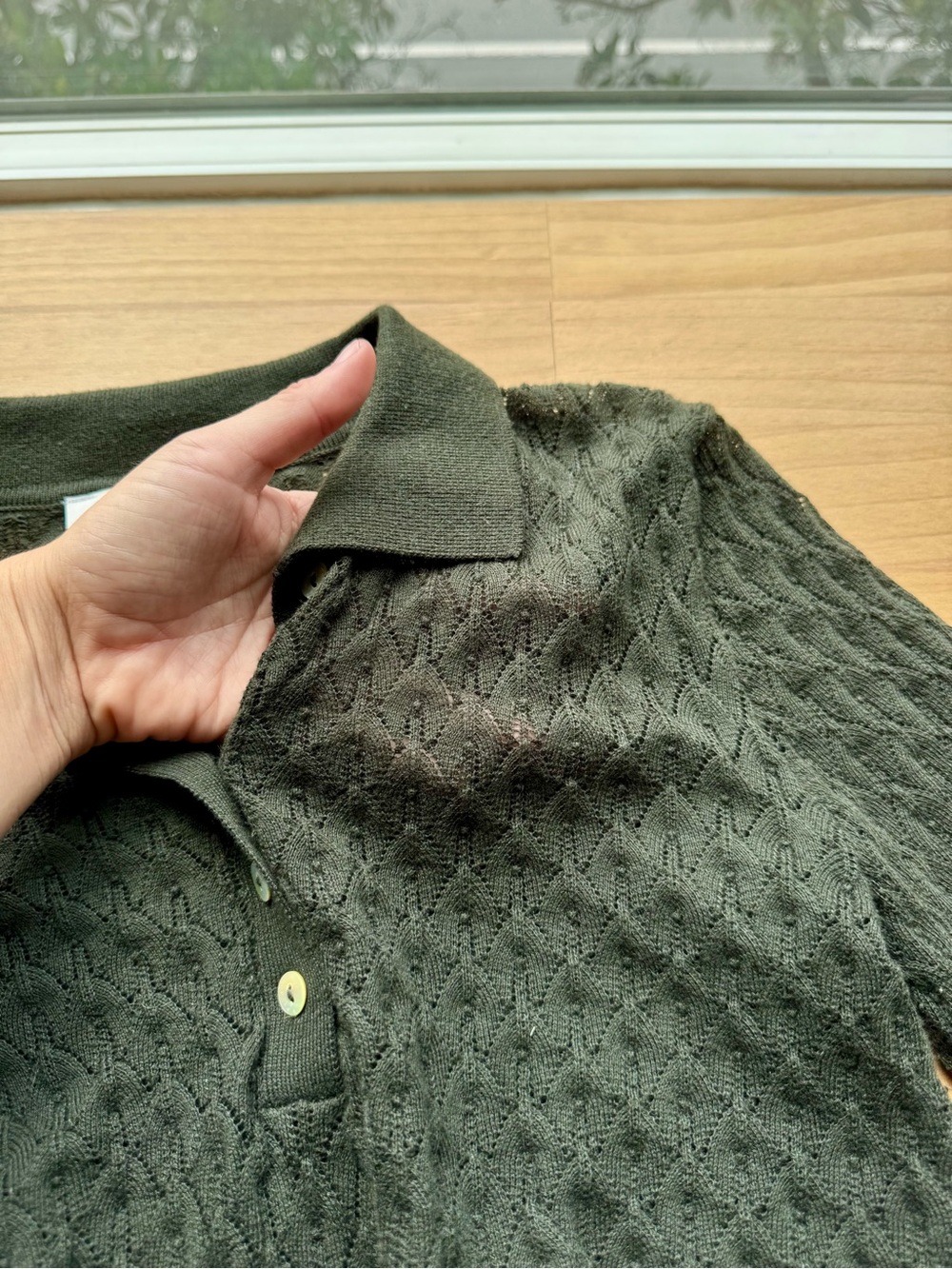 Zara Dark Olive Forest Green Polo Knit Sweater Semi-Sheer Lightweight Academia - Picture 5 of 9